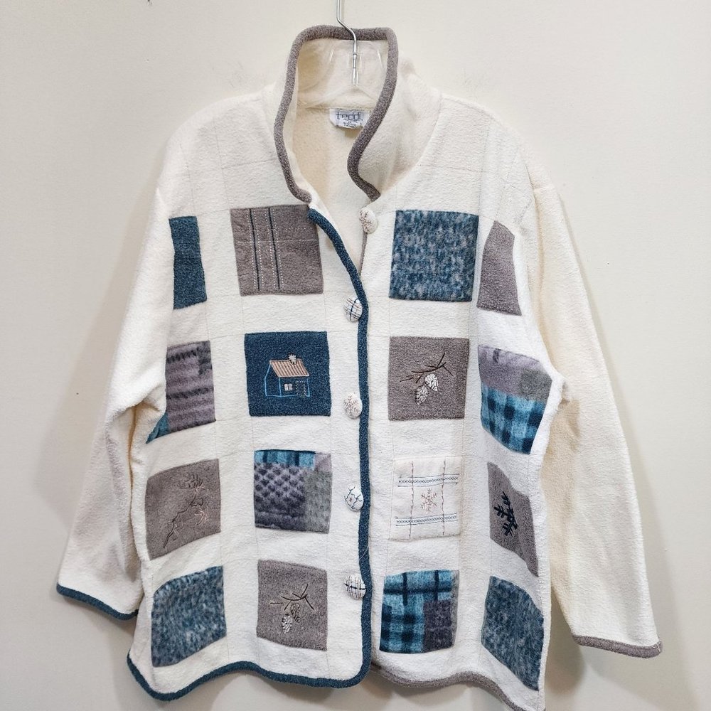 Vintage Teddi fleece cabin core patchwork button front shacket woman's size 1X